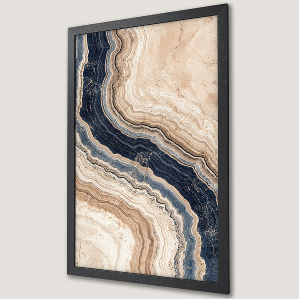Framed Poster featuring abstract agate design in navy, beige, and gold color palette. Modern art print for home decor.