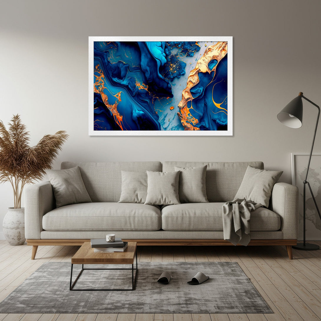 Framed Poster: Abstract art print in blue, gold, and white. Modern style, perfect home decor. Add a touch of elegance with this stunning poster.