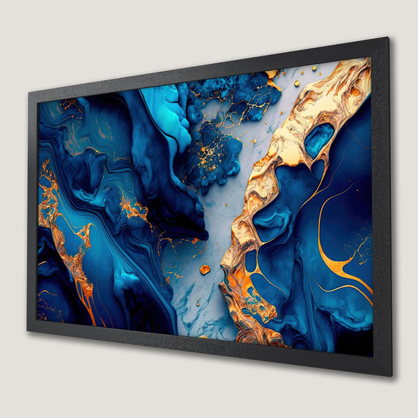 Framed Poster featuring abstract fluid art in blue and gold tones. Enhance your space with this stunning artwork!