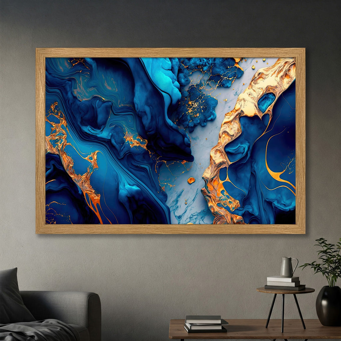 Framed Poster: Abstract art in blue, gold, and white. Modern wall decor for home or office. Add a touch of luxury with this stunning print.