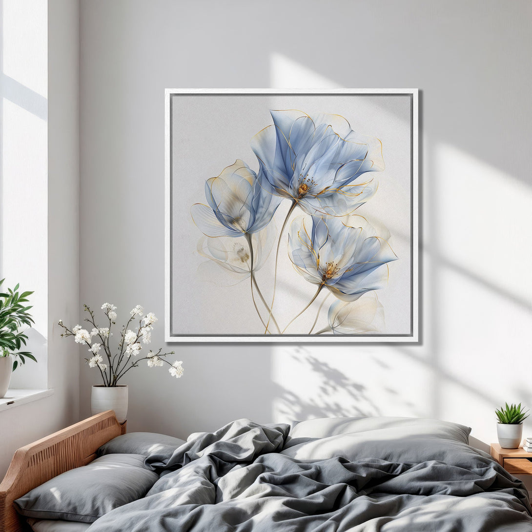 Framed Wall Art featuring elegant blue floral design. Watercolor style artwork with gold accents and a soft, neutral color palette. Perfect for bedroom decor.