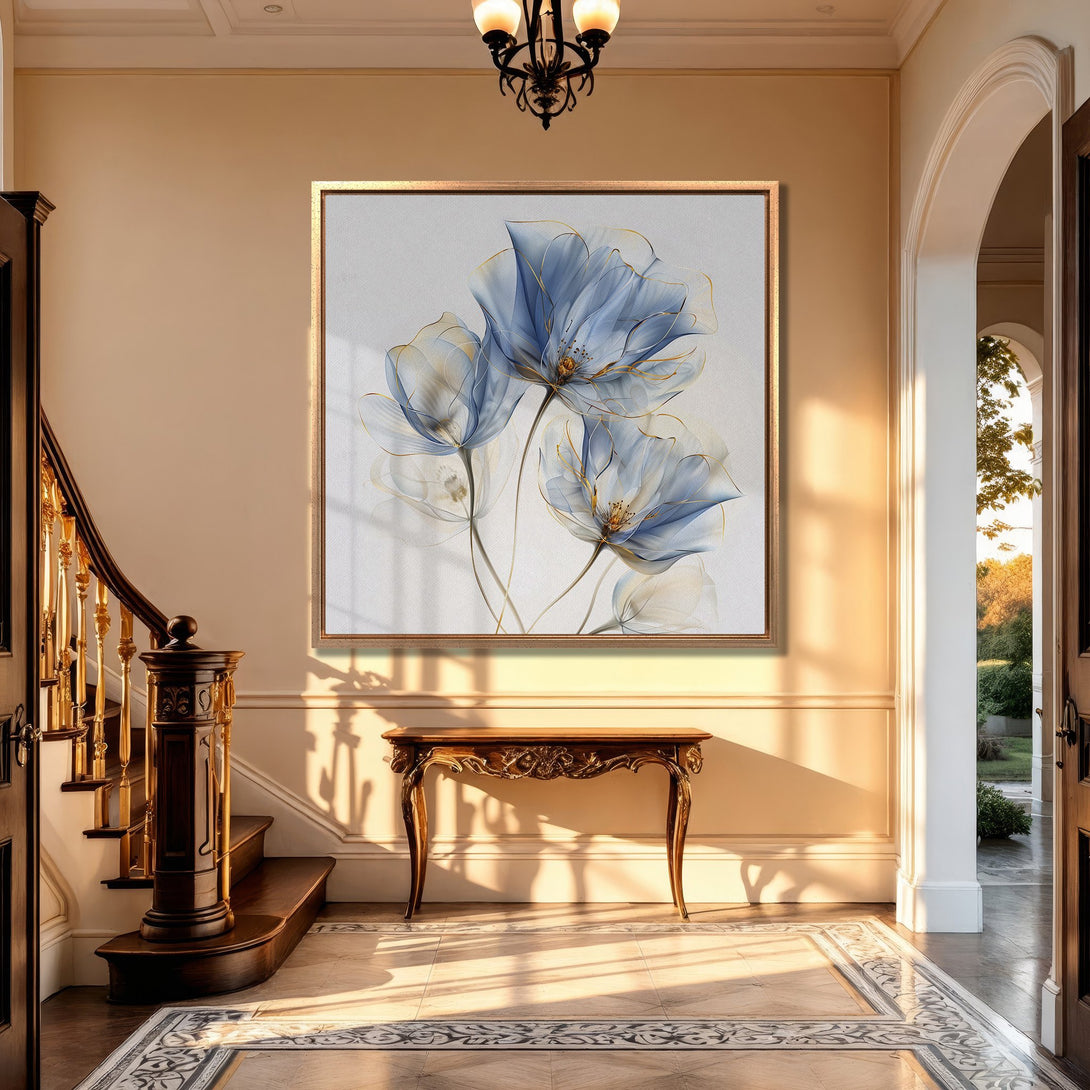 Framed Wall Art: Blue floral Canvas Print in a luxurious entryway. Modern botanical art with a soft blue and gold color palette to elevate your home decor.