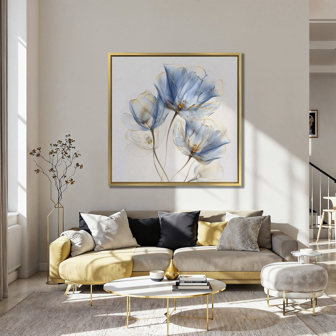 Canvas Print of elegant blue floral art with gold accents. Modern interior design with a vibrant color palette.