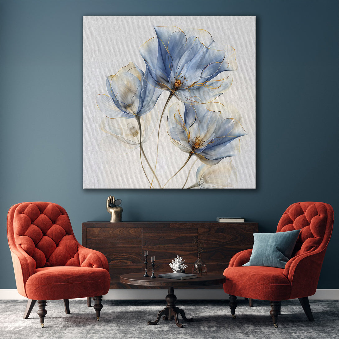Framed Wall Art featuring elegant blue floral design with gold accents. Modern, minimalist style with a soft, neutral color palette. Perfect for living room decor.