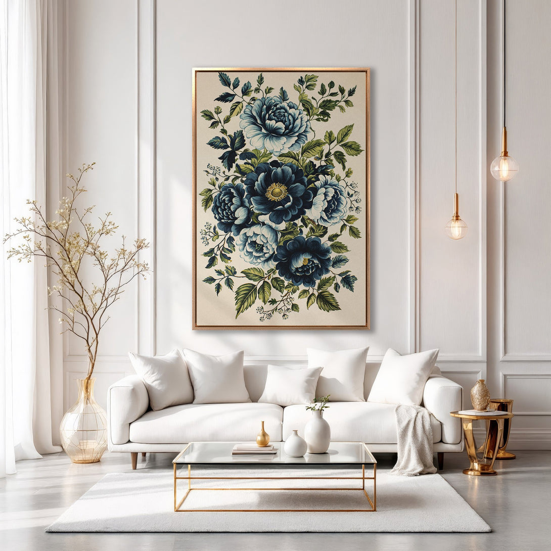 Framed Wall Art: Elegant floral Canvas Print in blue and green tones, displayed above a white sofa in a stylish, modern interior.