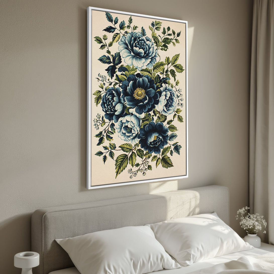 Framed Wall Art featuring elegant blue floral design. Perfect for bedroom decor. Vintage style with a serene color palette. Shop Canvas Prints for your home!