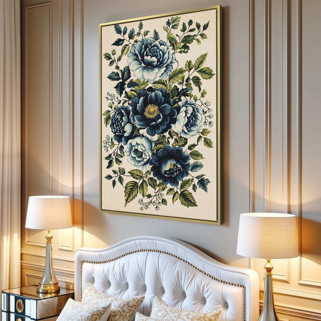 Canvas Print featuring a vintage botanical floral design in blue and green hues, perfect for adding a touch of elegance to any space.