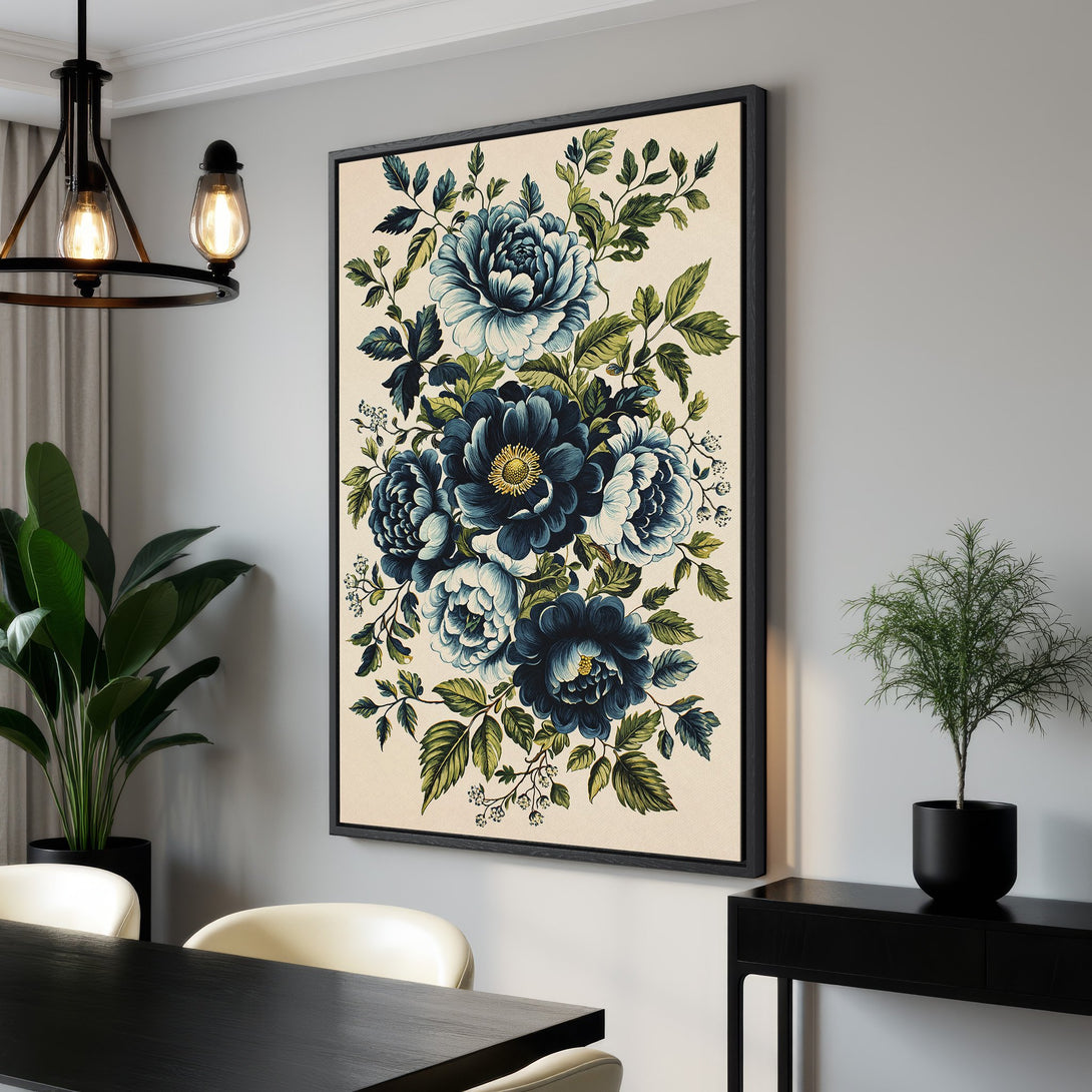 Framed Wall Art featuring vintage botanical illustration of blue peonies. Elegant floral Canvas Print with a neutral background and a calming blue and green color palette.