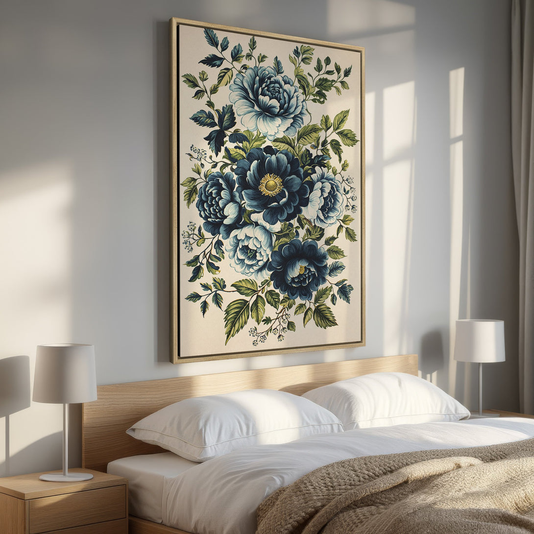 Framed Wall Art: Blue floral print canvas. Vintage style with a calming blue and green color palette, perfect for bedroom decor. Shop now!