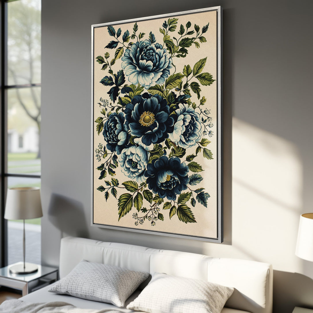 Framed Wall Art featuring elegant blue floral design. Vintage style Canvas Print with a neutral beige background, perfect for adding a touch of sophistication to any room.