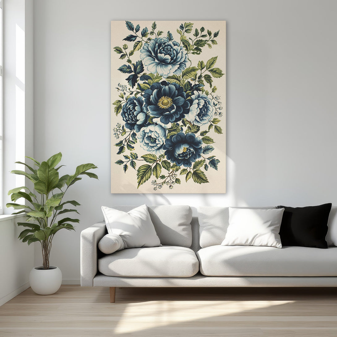 Framed Wall Art: Elegant floral Canvas Print with blue and green peonies. Perfect for adding a touch of sophistication to your bedroom decor.