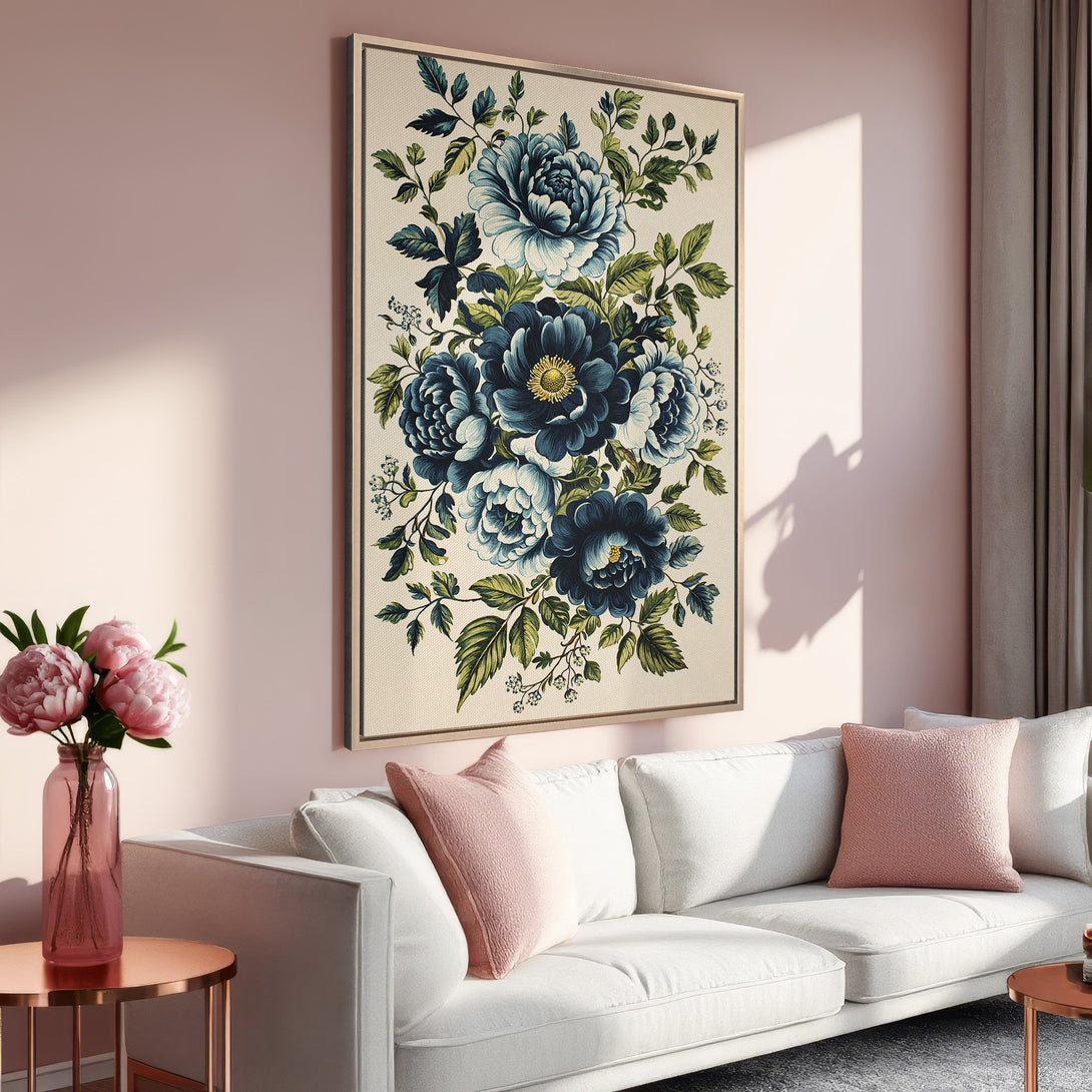Framed Wall Art: Elegant blue floral print in a soft, romantic interior. Perfect for adding a touch of botanical beauty to your space.