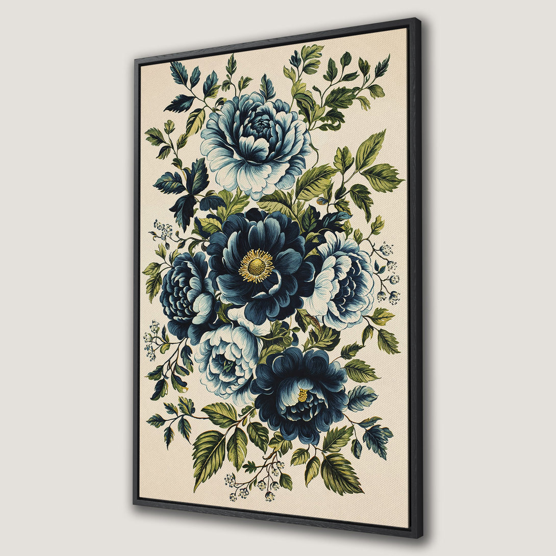 Framed Wall Art featuring elegant blue floral design. Vintage-inspired canvas print with a neutral background and a calming blue and green color palette. Perfect for home decor.
