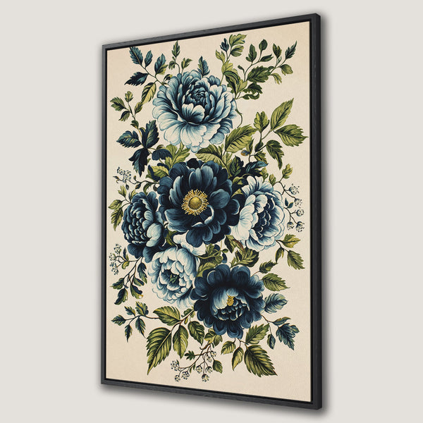 Framed Wall Art featuring elegant blue floral design. Vintage-inspired canvas print with a neutral background and a calming blue and green color palette. Perfect for home decor.