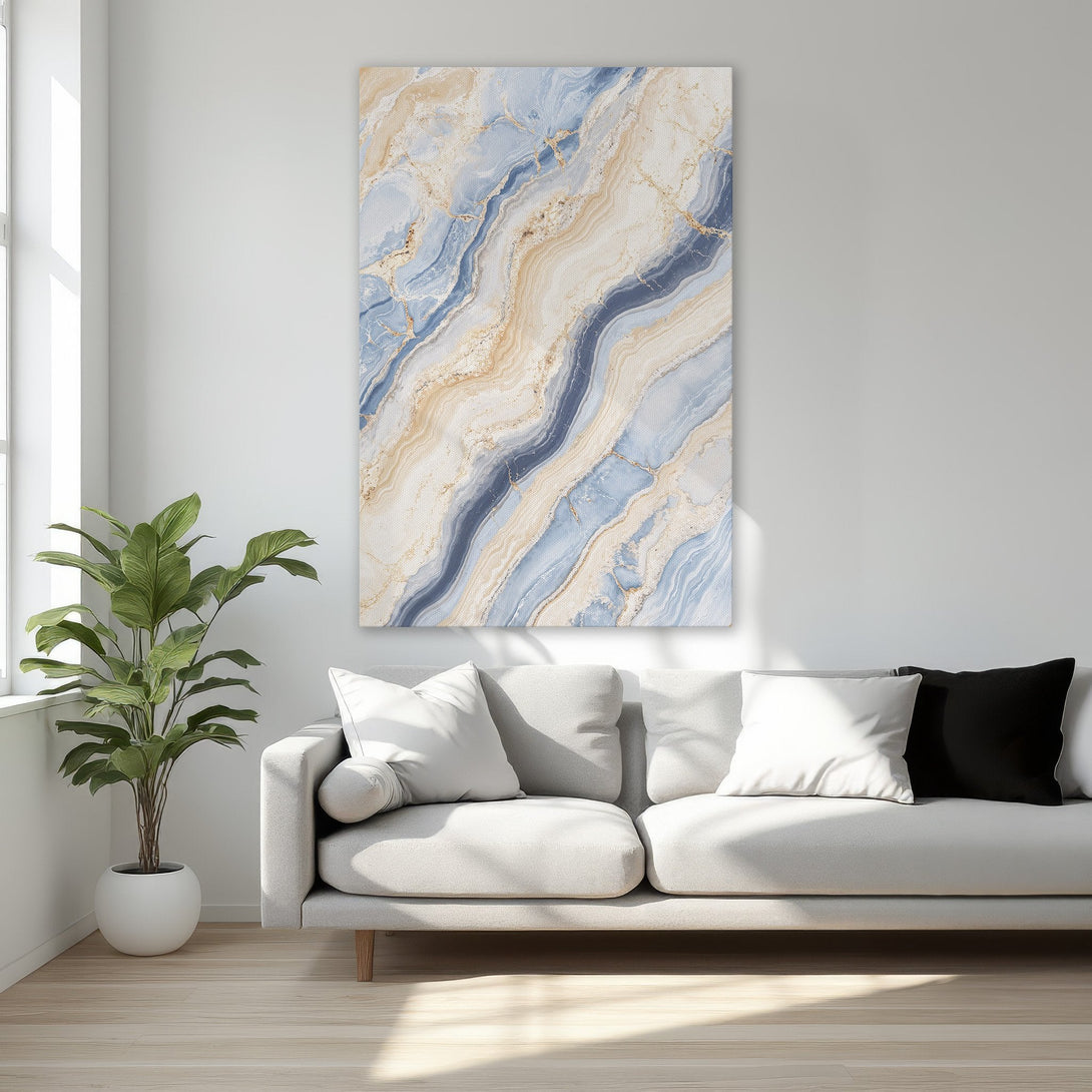 Framed Wall Art: Abstract marble design in blue, beige, and gold. Elevate your space with this stylish canvas print. Perfect for modern decor.