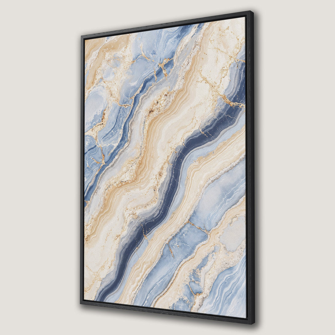Framed Wall Art: Abstract marble canvas print in blue, beige, and gold tones. Elevate your space with this stylish and modern wall decor.