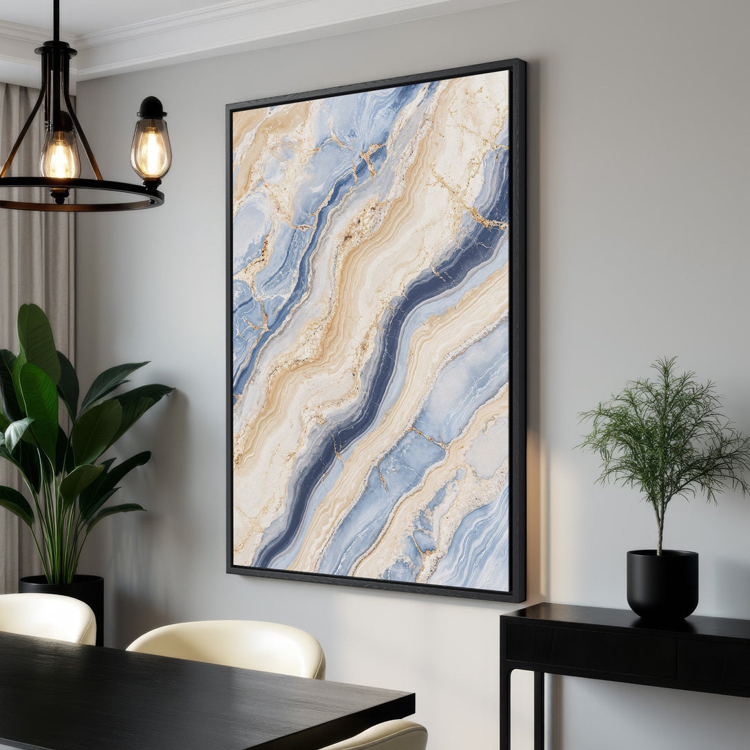 Framed Wall Art featuring a stunning abstract marble design in blue, beige, and gold. Elevate your space with this elegant Canvas Print.
