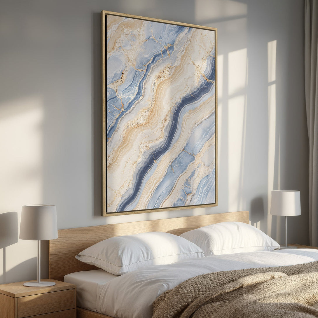 Framed Wall Art: Abstract blue & gold marble Canvas Print. Modern art for bedroom decor. Serene, calming color palette. Elevate your space today!