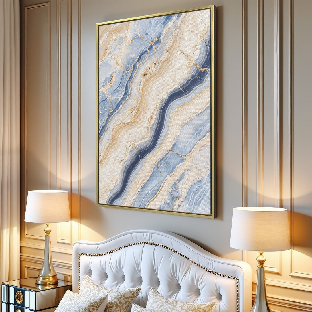 Canvas Print of abstract marble art in blue, beige, and gold tones. Modern wall decor for a stylish living room.