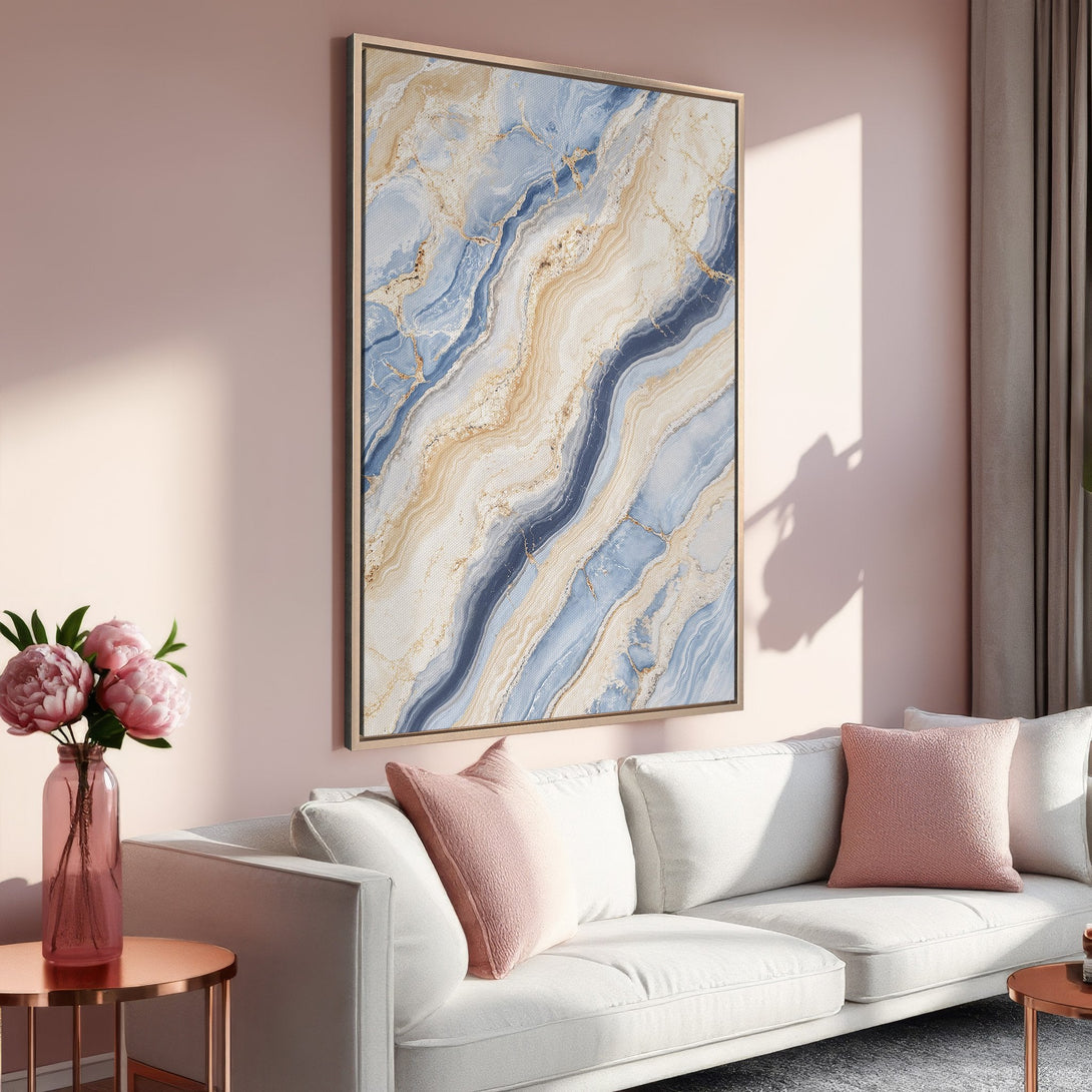 Framed Wall Art: Abstract marble design in blue, beige, and gold tones. Modern art canvas print adds a touch of elegance to any interior decor.