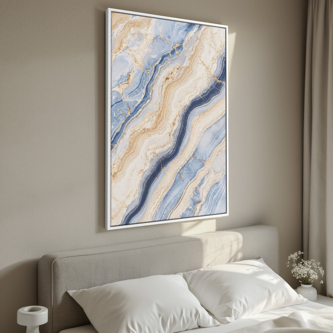 Framed Wall Art: Abstract marble design in blue, beige, and gold tones. Perfect for modern bedroom decor. Enhance your space with this elegant Canvas Print.