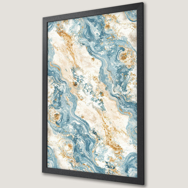 Framed Poster featuring abstract marble art in blue, gold, and cream tones. Add a touch of elegance to your space!