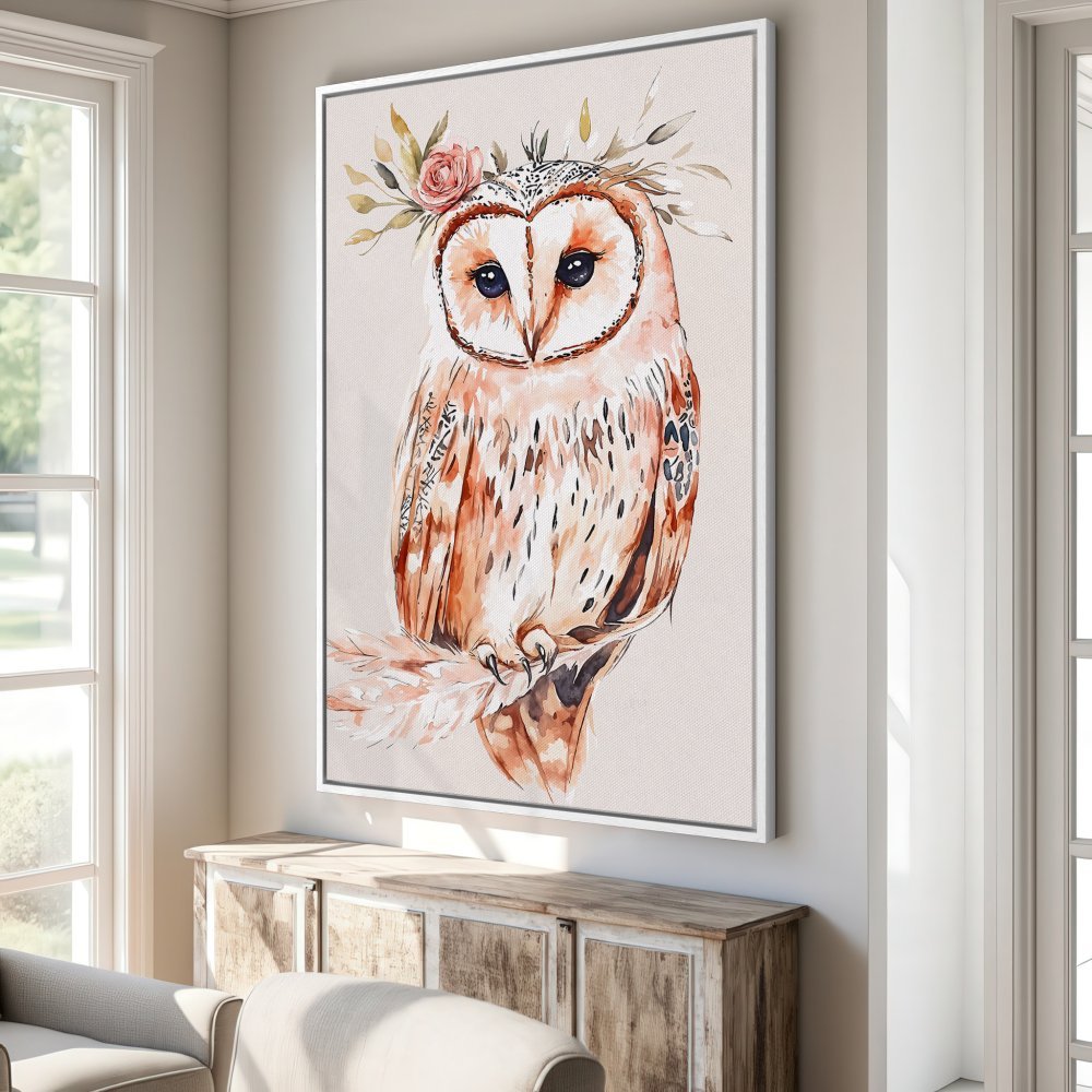 Framed Wall Art: Watercolor owl print in warm earth tones. Perfect for adding a touch of boho chic to your home decor.