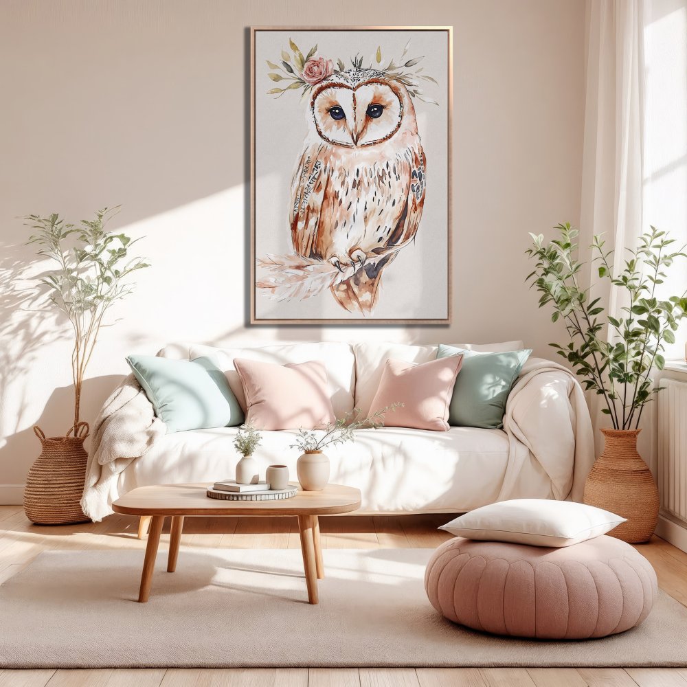 Framed Wall Art: Watercolor owl print in a boho style, featuring a warm neutral color palette. Perfect for living room decor!