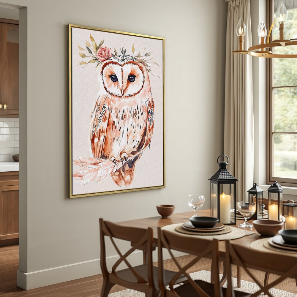 Watercolor Canvas Print of owl with floral crown, warm earthy tones, perfect for boho decor.