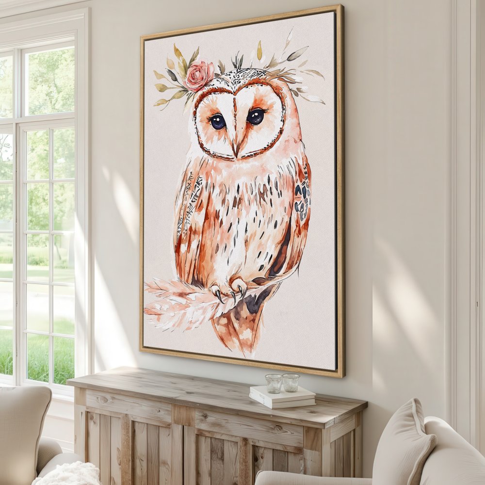 Framed Wall Art: Watercolor owl print in warm peach and beige tones. Boho style canvas art for living room or bedroom decor.