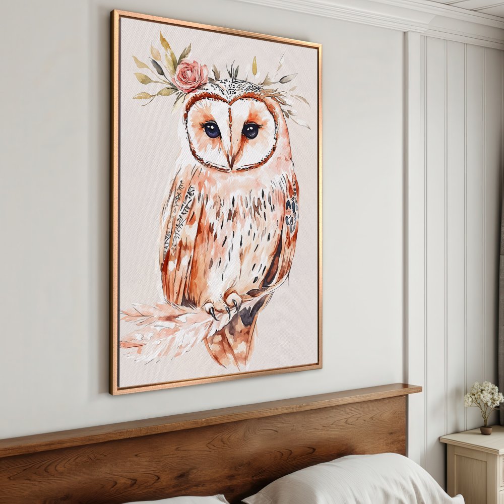Framed Wall Art featuring a watercolor owl with floral crown. Earthy tones of peach and beige. Perfect for boho home decor.