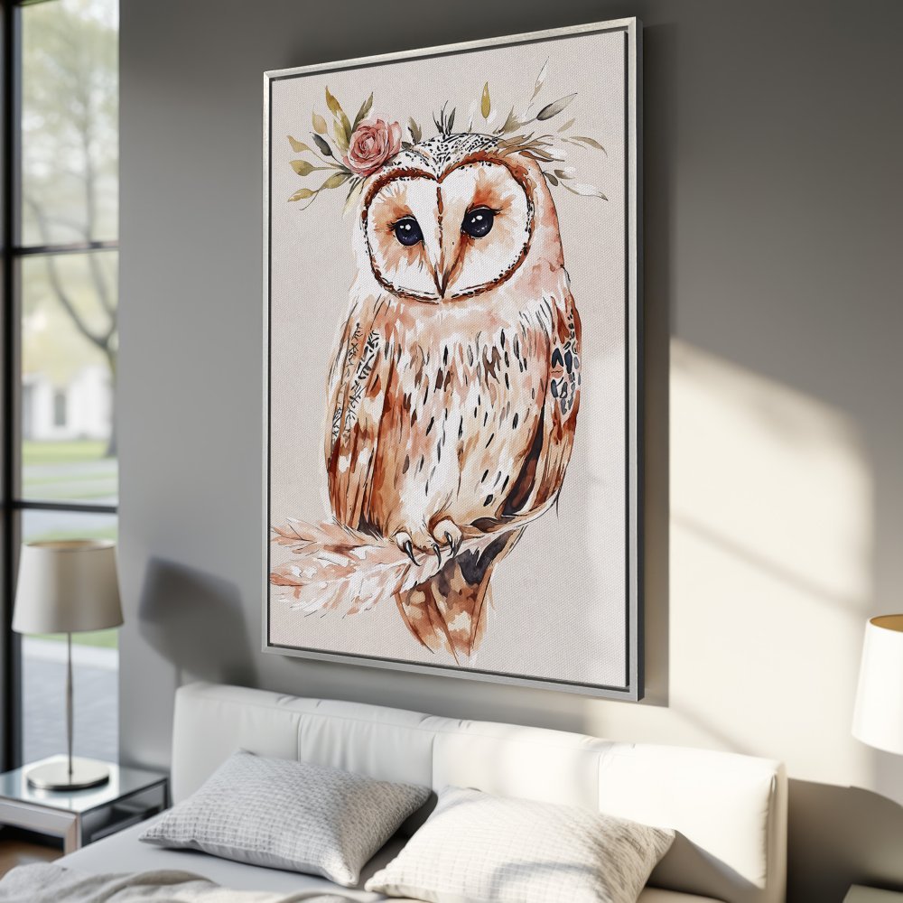 Framed Wall Art: Watercolor owl print in warm earth tones. Boho style canvas art for bedroom decor. Add a touch of nature to your space!