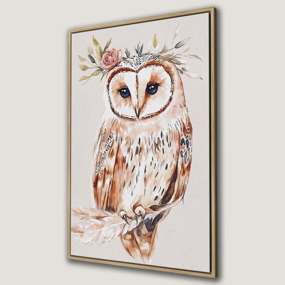 Framed Wall Art: Watercolor owl print in warm earth tones. Perfect for boho decor! Add this beautiful canvas print to your home.