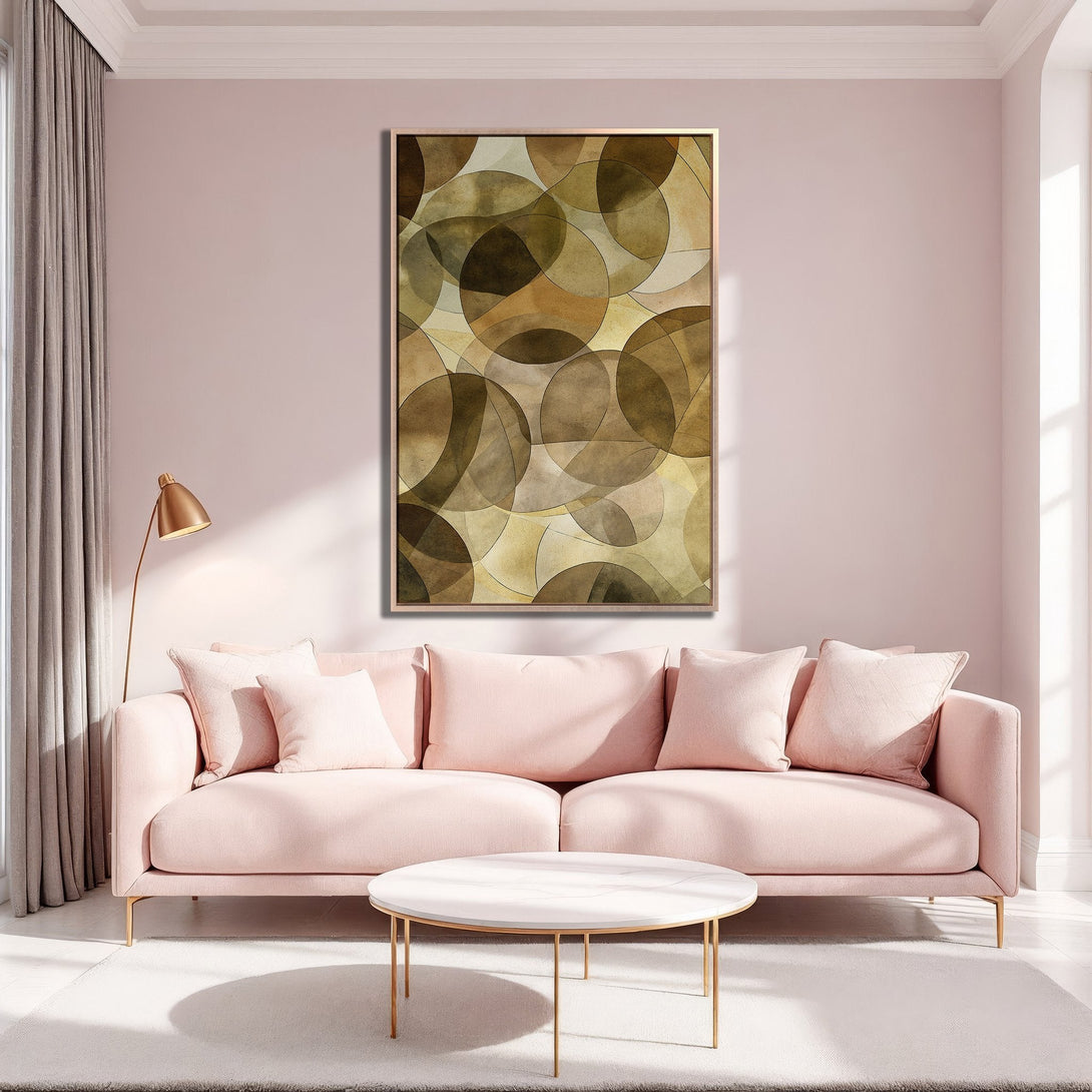Framed Wall Art featuring abstract geometric circles in warm brown and gold tones. Adds a touch of modern elegance to any living room. Shop now!