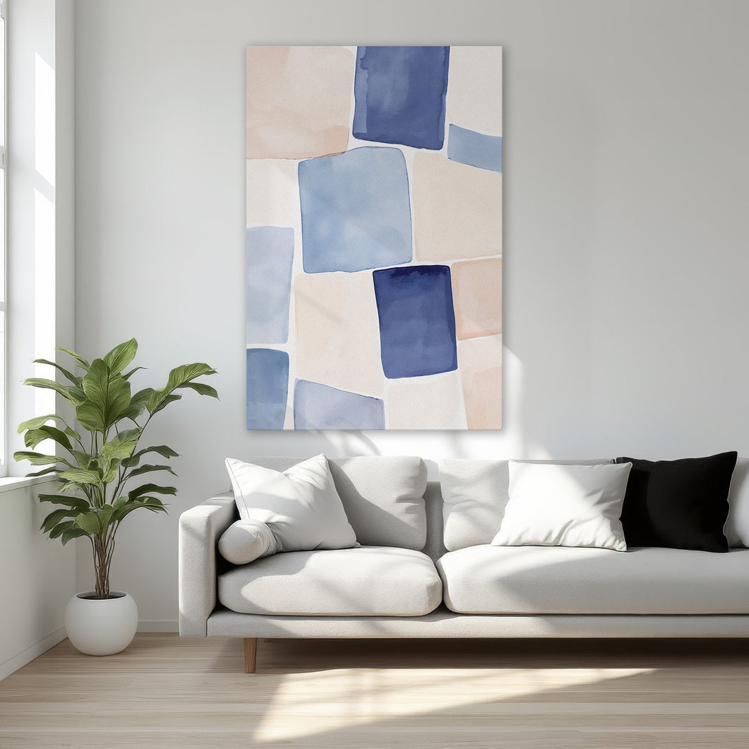 Framed Wall Art featuring abstract watercolor squares in blue and blush tones. Modern art for bedroom decor, adds a touch of elegance.