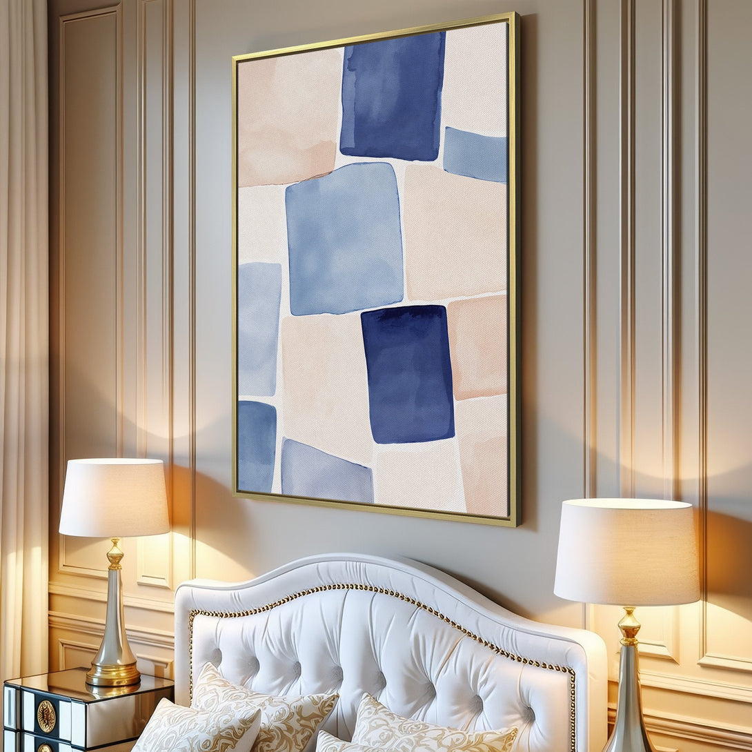 Canvas Print featuring abstract watercolor squares in blue and beige, perfect for modern home decor. Neutral color palette.