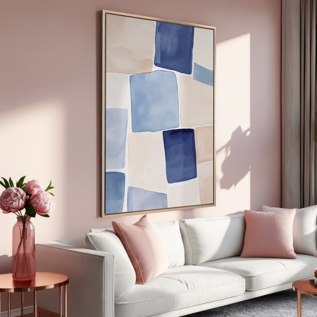Framed Wall Art: Abstract watercolor art in blues & beige. Modern interior design with a blush pink color palette. Perfect for living room decor.