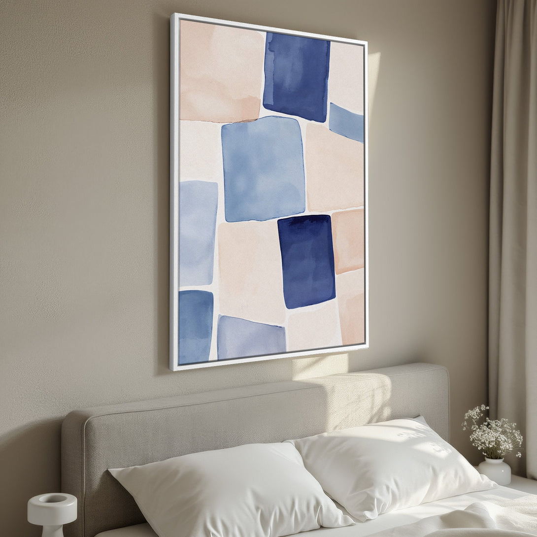 Framed Wall Art: Abstract watercolor print in blue and blush tones. Modern art for bedroom decor. Enhance your space with this stylish canvas print.