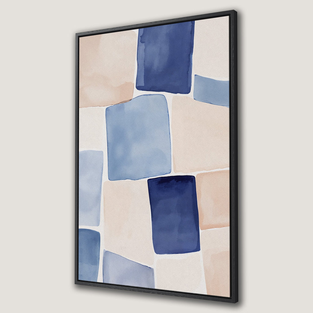 Framed Wall Art featuring an abstract watercolor design in blue and beige. Modern Canvas Print for a stylish home decor update.