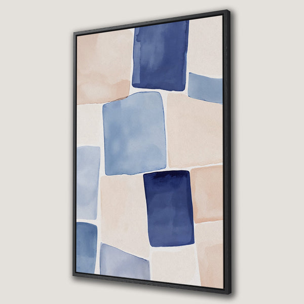 Framed Wall Art featuring an abstract watercolor design in blue and beige. Modern Canvas Print for a stylish home decor update.