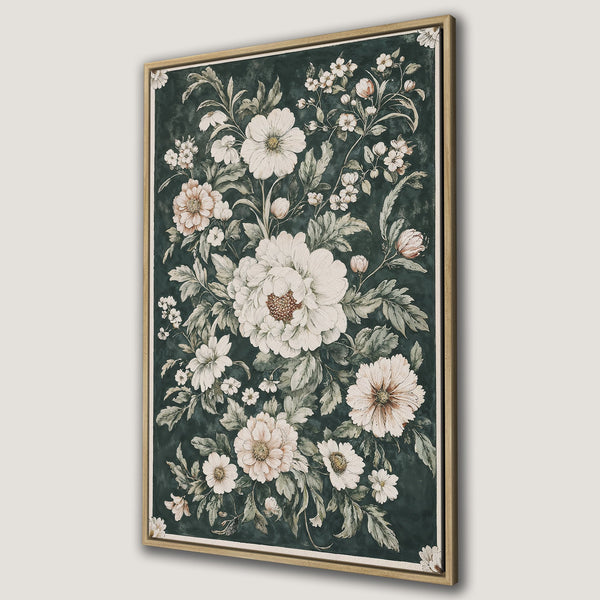 Framed Wall Art featuring a floral watercolor design with white and blush flowers on a dark green background. Perfect for adding elegance to any space.