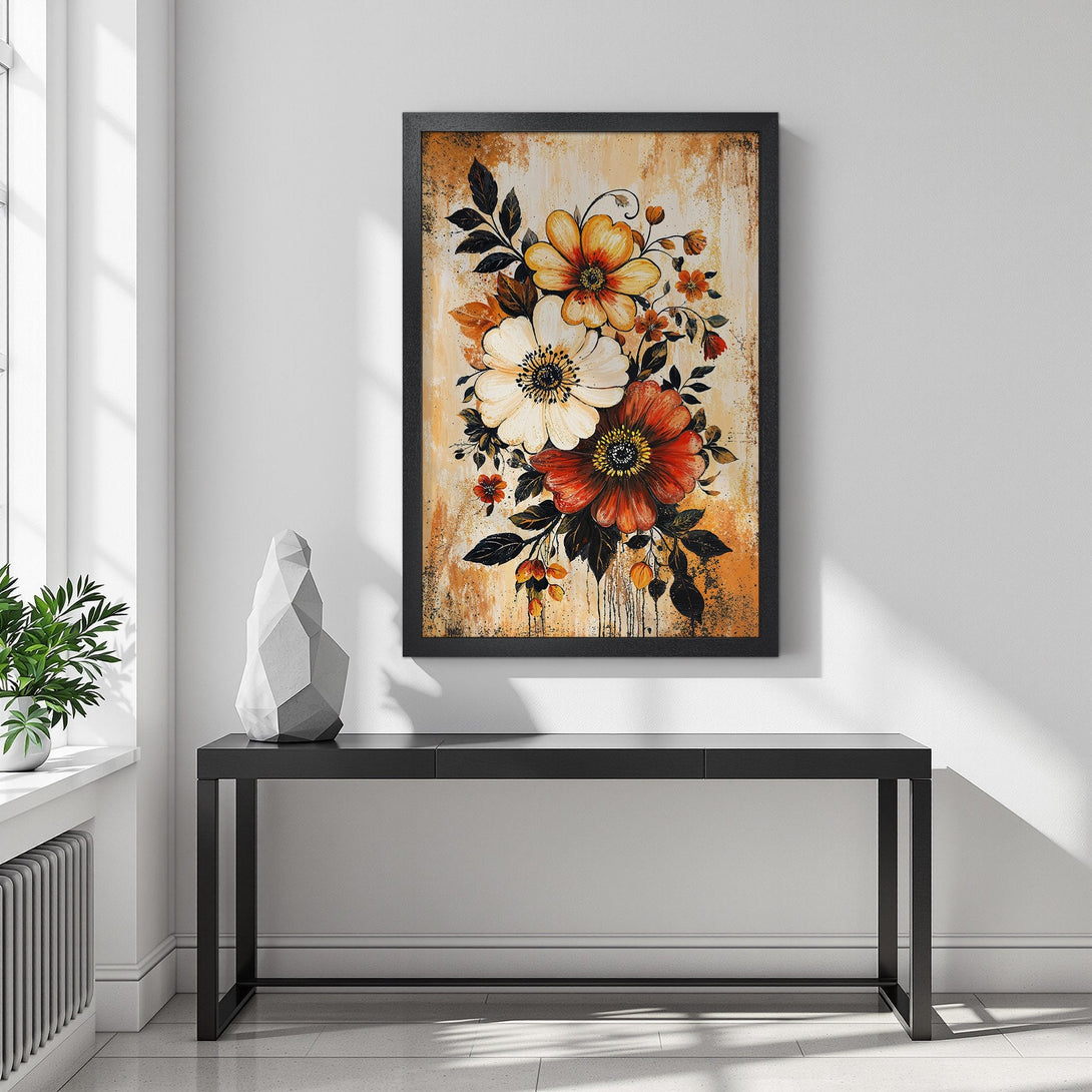 Framed Poster featuring a floral bouquet in warm tones. Perfect art to brighten any space. Vintage style with orange, red, and white hues.