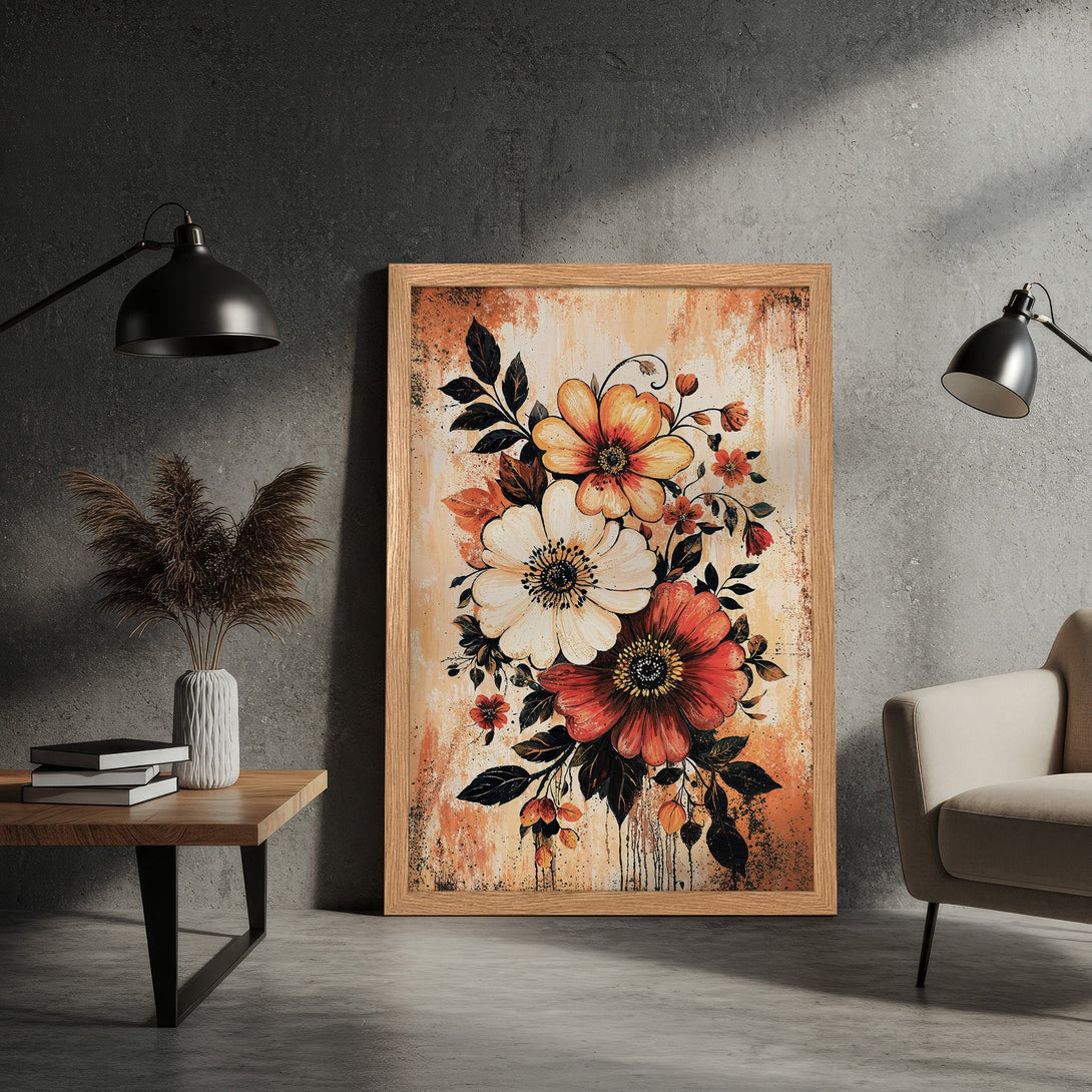 Framed Poster featuring floral art in warm orange, red, and white tones. Perfect for adding a touch of elegance to your home decor.