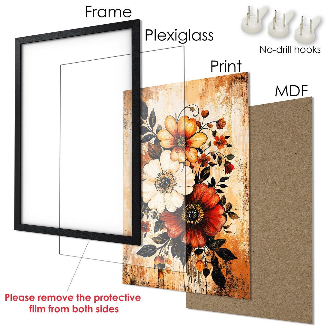 Framed Poster featuring vibrant floral art in warm orange and red tones. Perfect wall decor!