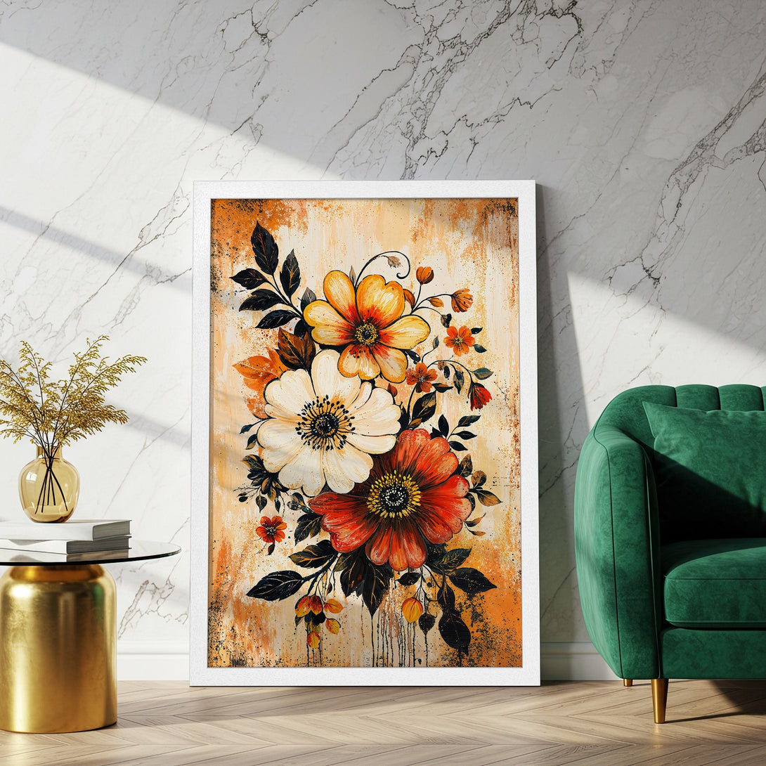 Framed Poster featuring vibrant floral art in warm orange, red, and white hues. Perfect wall decor for any space!