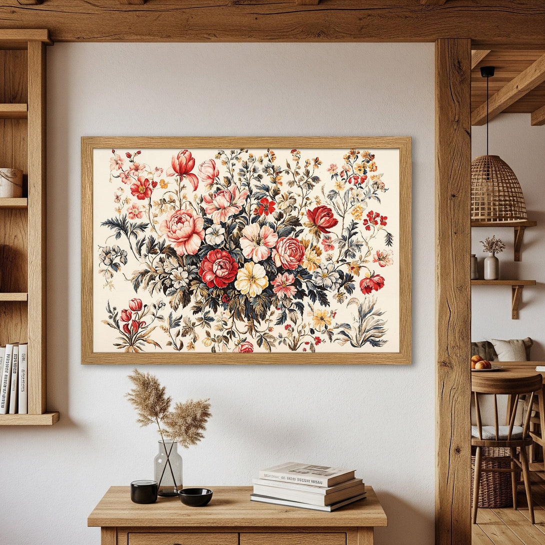 Framed Poster featuring a vintage floral design in red, pink, and yellow hues. Perfect wall art for a touch of elegance.