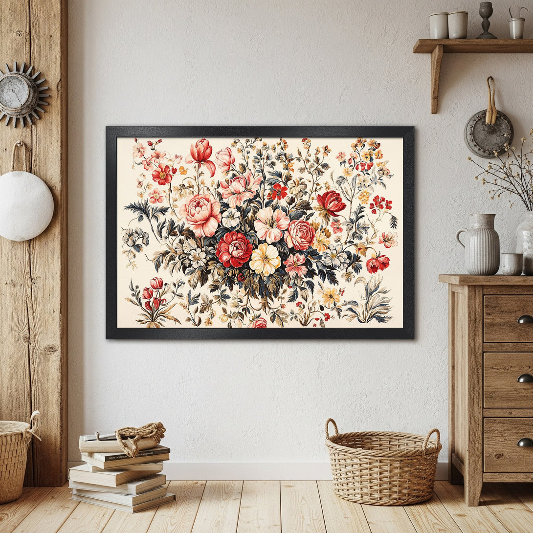 Framed Poster featuring a vintage floral bouquet in red, pink, and yellow tones. Perfect wall art for a cozy home.