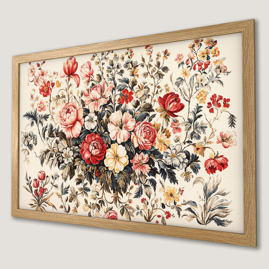 Framed Poster featuring a vintage floral design in red, pink, and yellow hues. Perfect wall art for any space!
