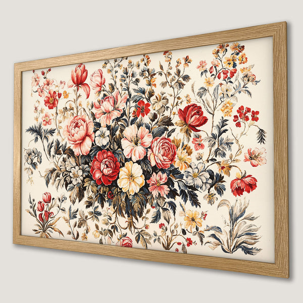Framed Poster featuring a vintage floral design in red, pink, and yellow hues. Perfect wall art for any space!