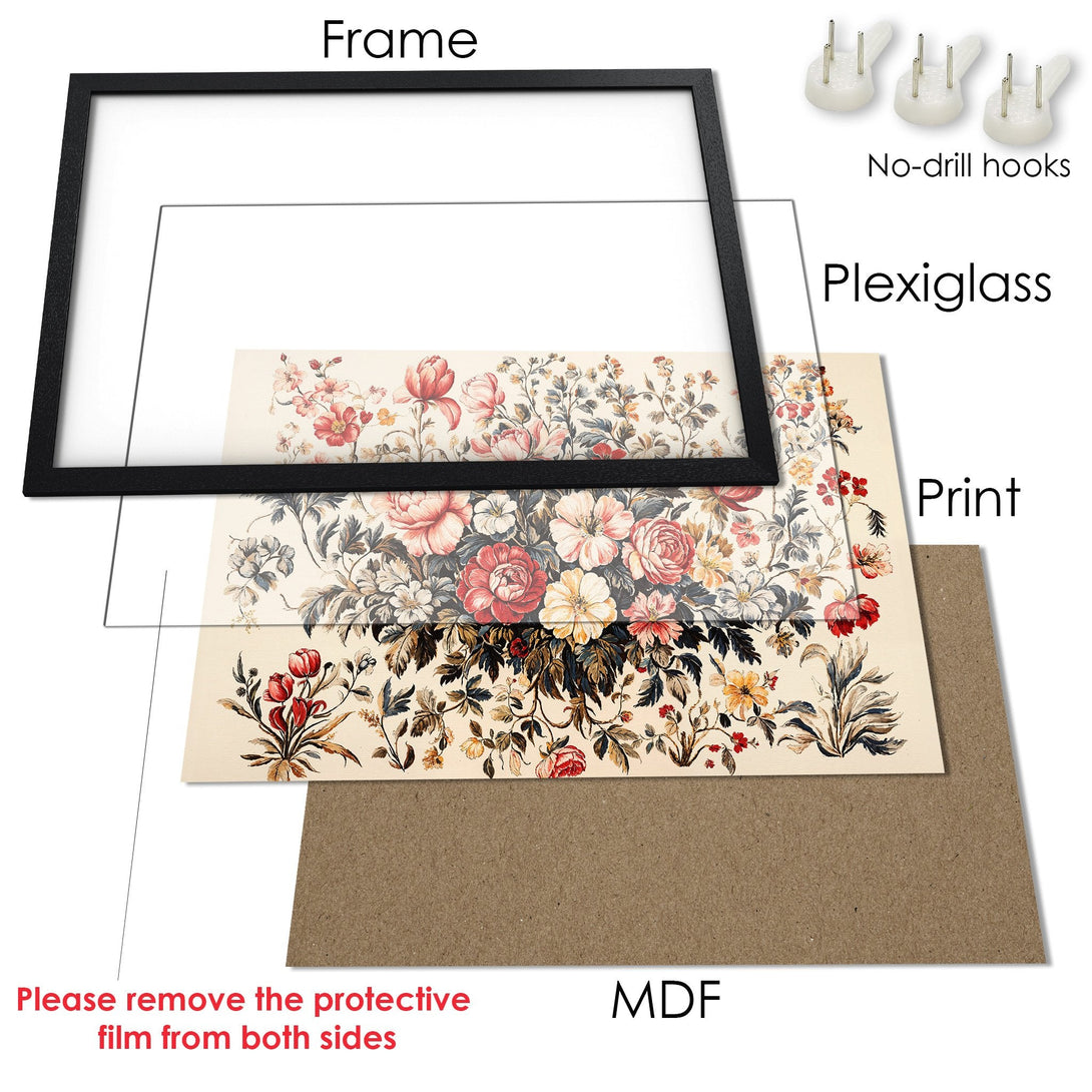 Framed Poster featuring a floral design in a vintage style, with a warm, neutral color palette. Perfect wall art!